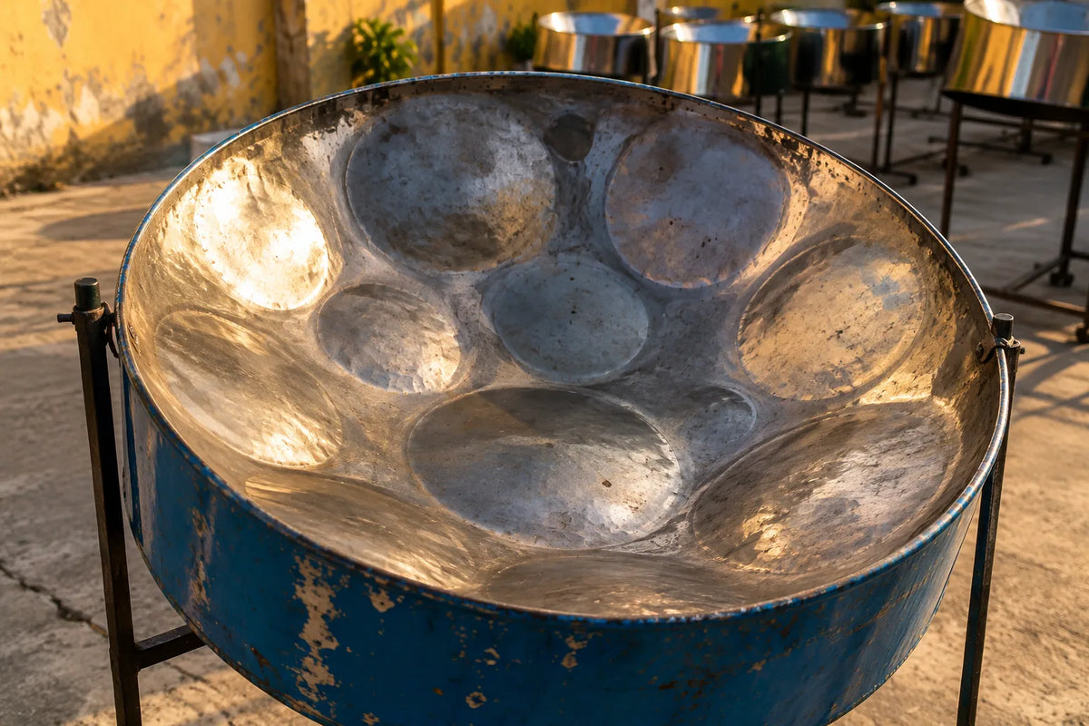 Steelpan de Trinidad martelé dans un fond de baril peint en bleu, posé sur son pied