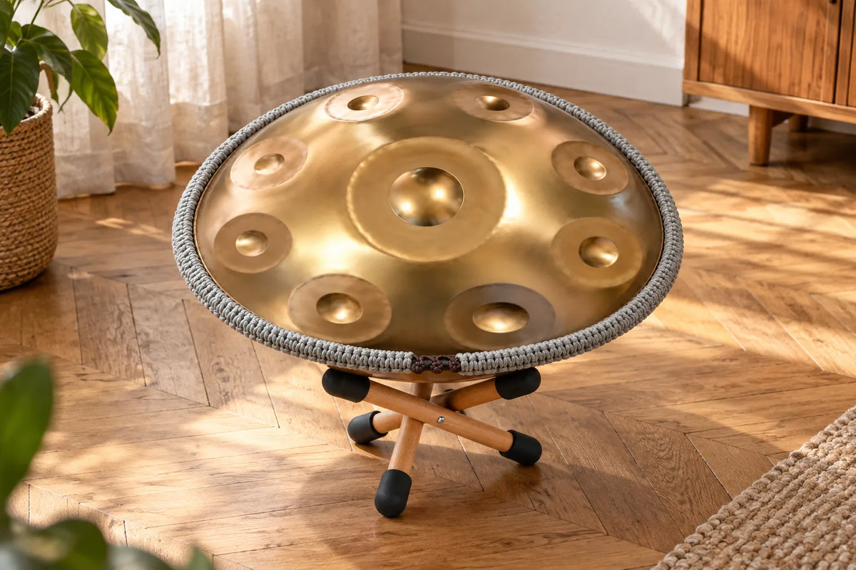 Handpan doré protégé par son cordon tressé, posé sur le mini support en bois dans un salon