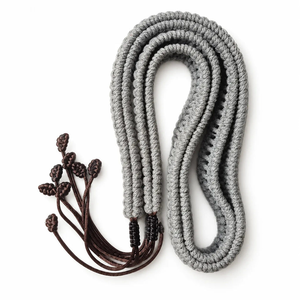 Cordon de protection pour handpan, tressé en coton et lin gris, avec ses attaches marron