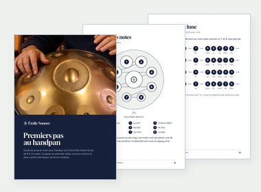 Couverture et deux pages du guide Premiers pas au handpan : la carte des notes et la partition d'Au clair de la lune