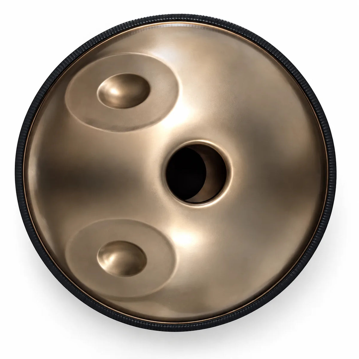 Dessous du handpan D Kurd argenté façonné main 12 notes : deux notes graves autour de l'ouverture