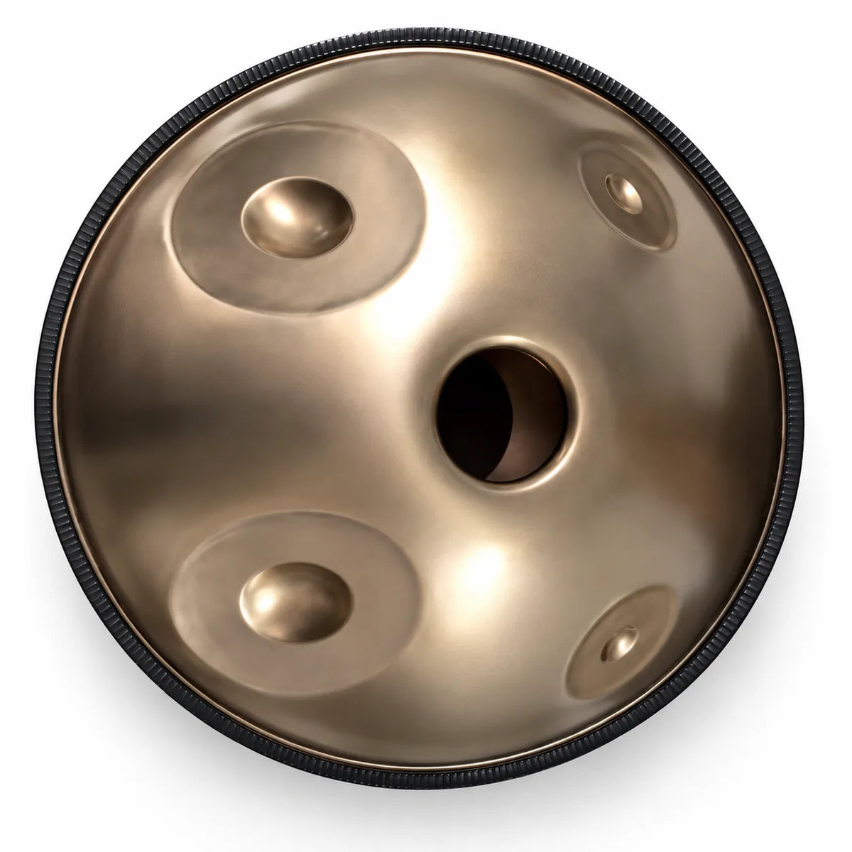 Dessous du handpan D Kurd argenté façonné main 14 notes : deux notes graves et deux notes aiguës autour de l'ouverture