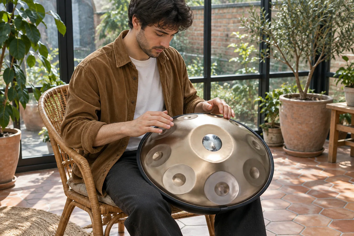 Homme qui joue du handpan argenté façonné main posé sur ses genoux, dans un jardin d'hiver