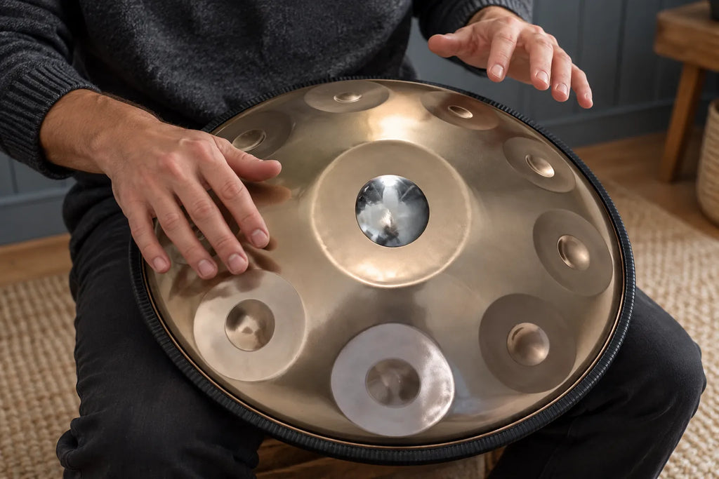 Deux mains jouent du bout des doigts sur un handpan D Kurd argenté façonné main