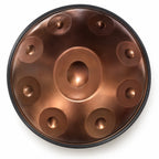 Handpan D Kurd bronze 9 notes en inox vu de dessus : une note centrale et 8 notes autour