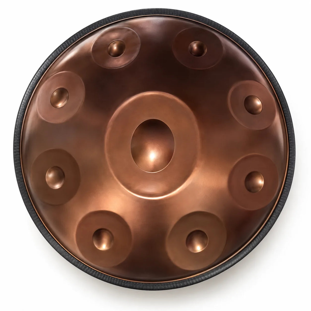Handpan D Kurd bronze 9 notes en inox vu de dessus : une note centrale et 8 notes autour
