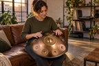 Femme qui joue du handpan bronze assise sur un canapé en cuir, au coucher du soleil