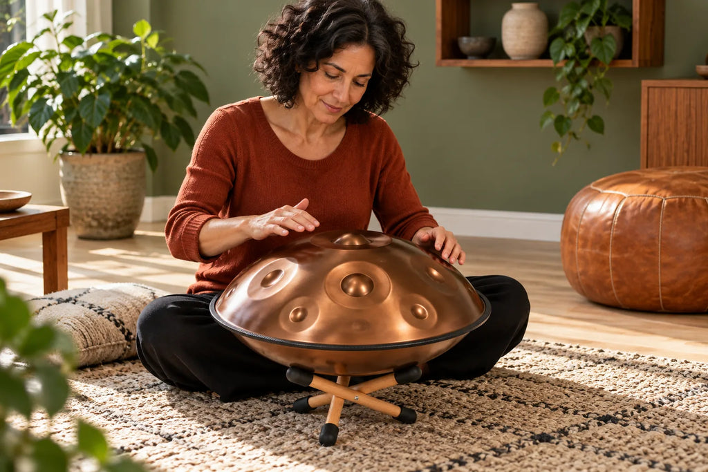 Femme assise en tailleur qui joue du handpan D Kurd bronze posé sur le mini support en bois