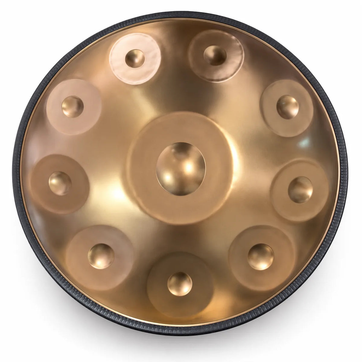 Handpan D Kurd doré 10 notes en inox vu de dessus, avec un Do aigu en plus