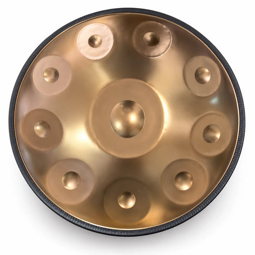 Handpan D Kurd doré 10 notes en inox vu de dessus, avec un Do aigu en plus