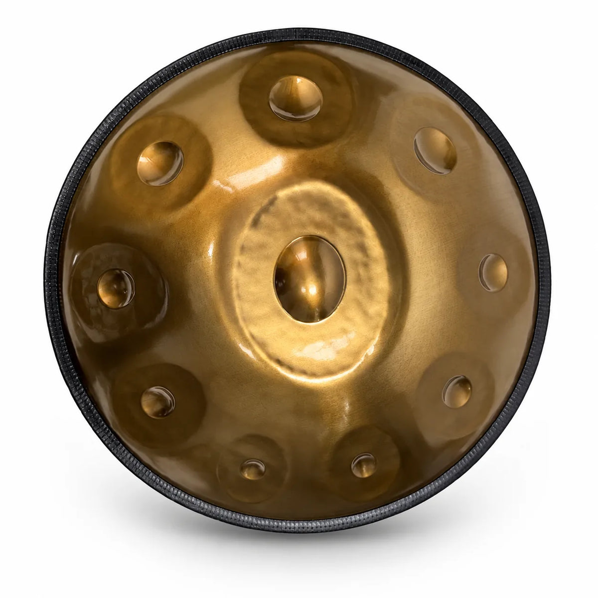Handpan D Kurd doré façonné main, 10 notes en inox vu de dessus : une note centrale et 9 notes autour