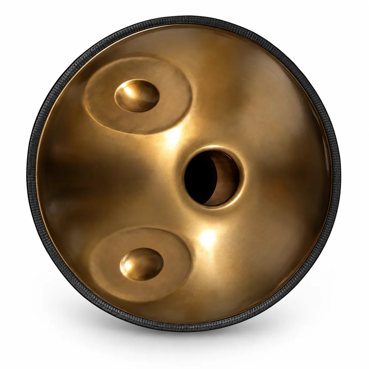 Dessous du handpan D Kurd doré façonné main 12 notes : deux notes graves autour de l'ouverture