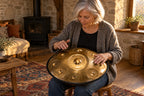 Femme qui joue du handpan doré façonné main posé sur ses genoux, près d'un poêle à bois