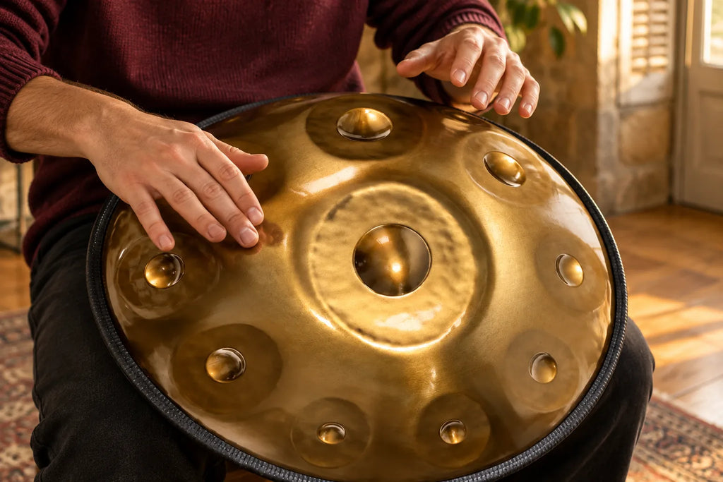 Deux mains jouent du bout des doigts sur un handpan D Kurd doré façonné main