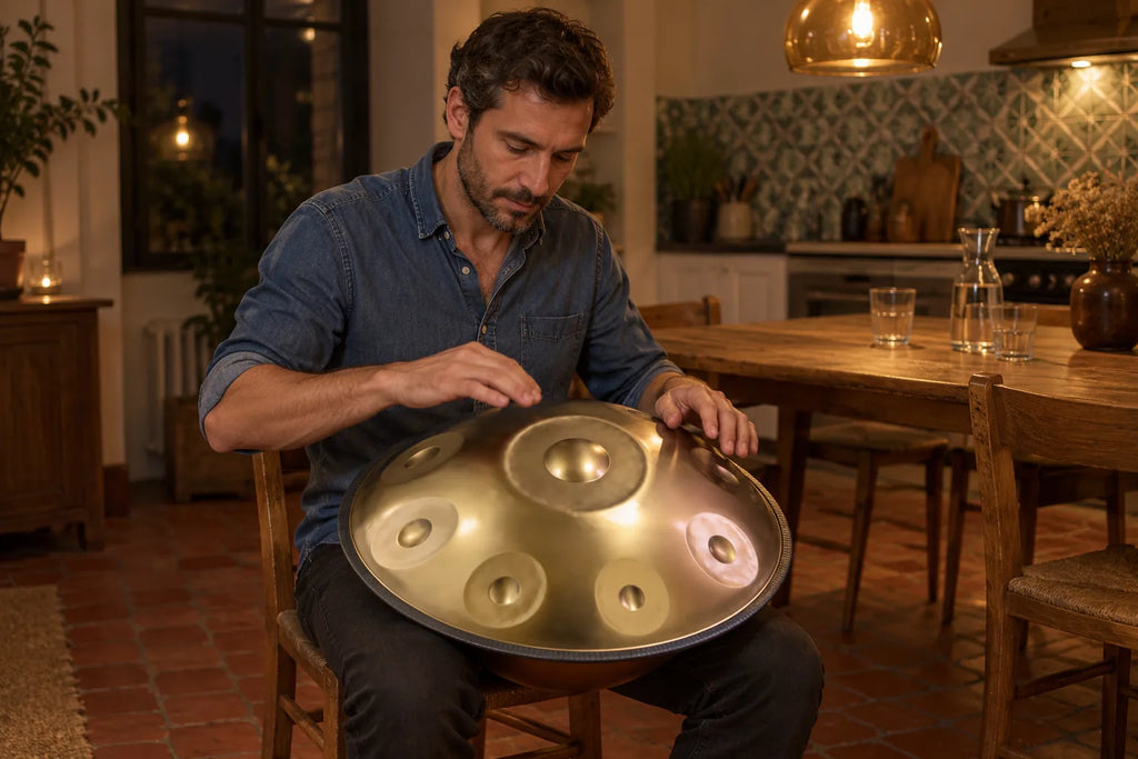Homme qui joue du handpan doré posé sur ses genoux, dans sa cuisine le soir