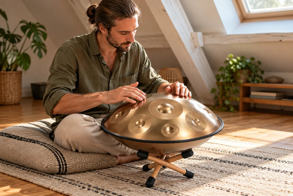 Homme assis en tailleur qui joue du handpan D Kurd doré posé sur le mini support en bois