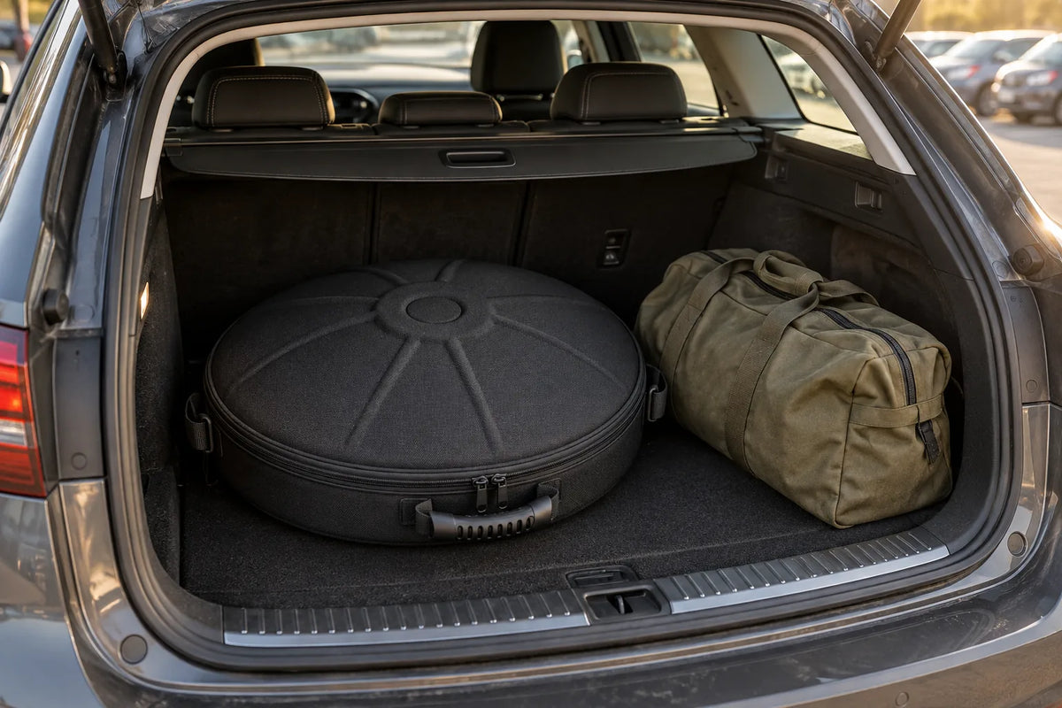 Housse rigide pour handpan calée dans le coffre d'une voiture, à côté d'un sac de voyage