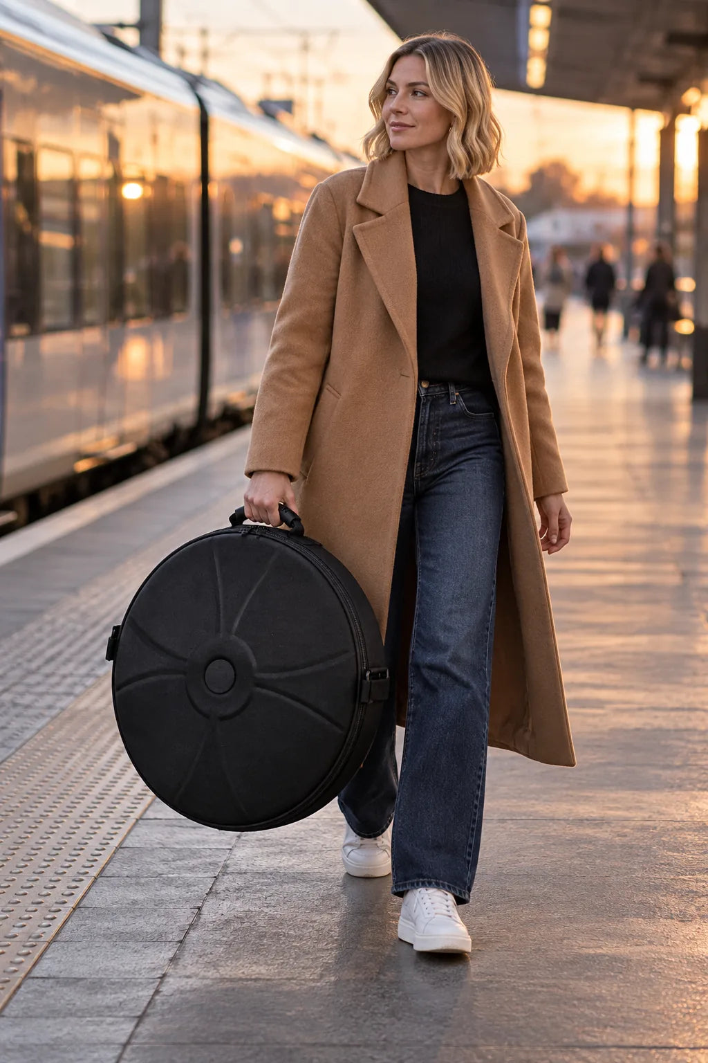Femme qui porte la housse rigide pour handpan par sa poignée, sur un quai de gare