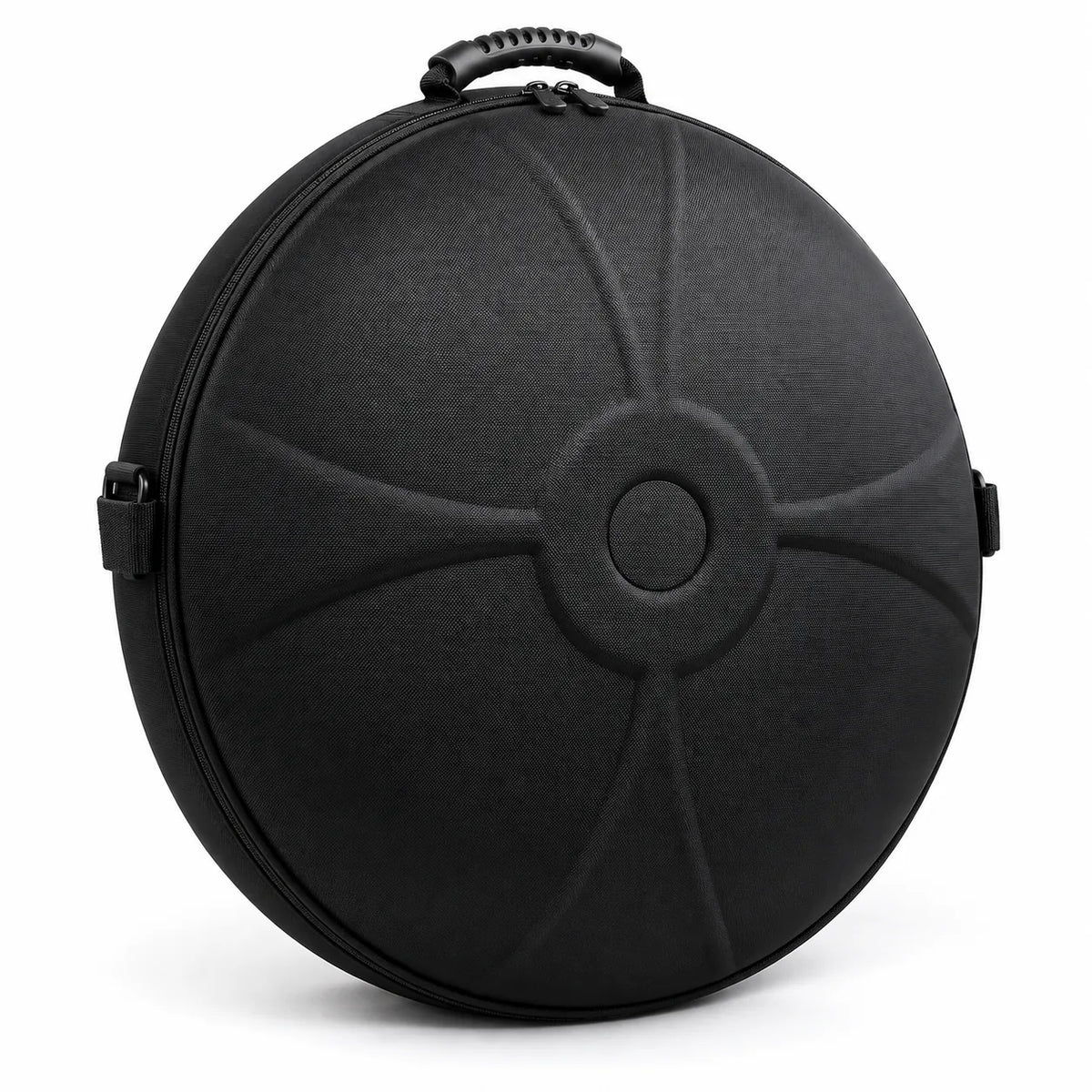 Housse rigide noire pour handpan, ronde, avec poignée de transport et attaches de bretelles