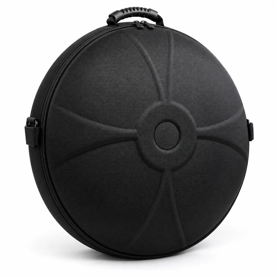 Housse rigide noire pour handpan, ronde, avec poignée de transport et attaches de bretelles