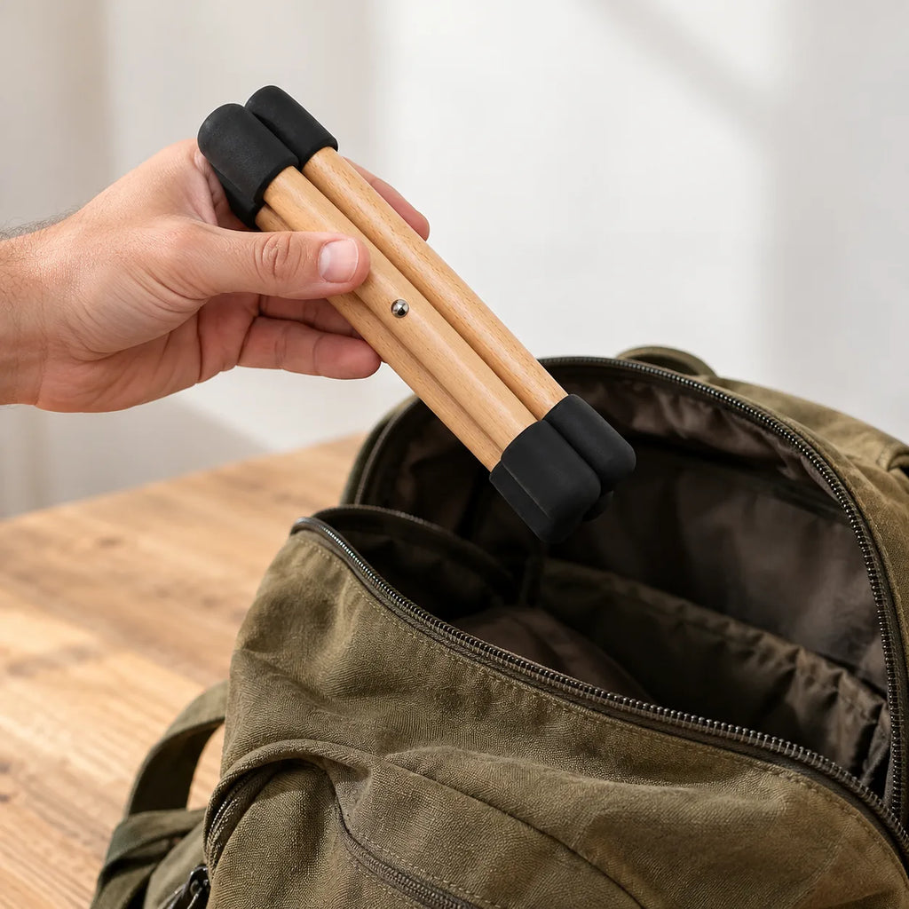 Mini support en bois pour handpan replié dans une main, au-dessus d'un sac à dos