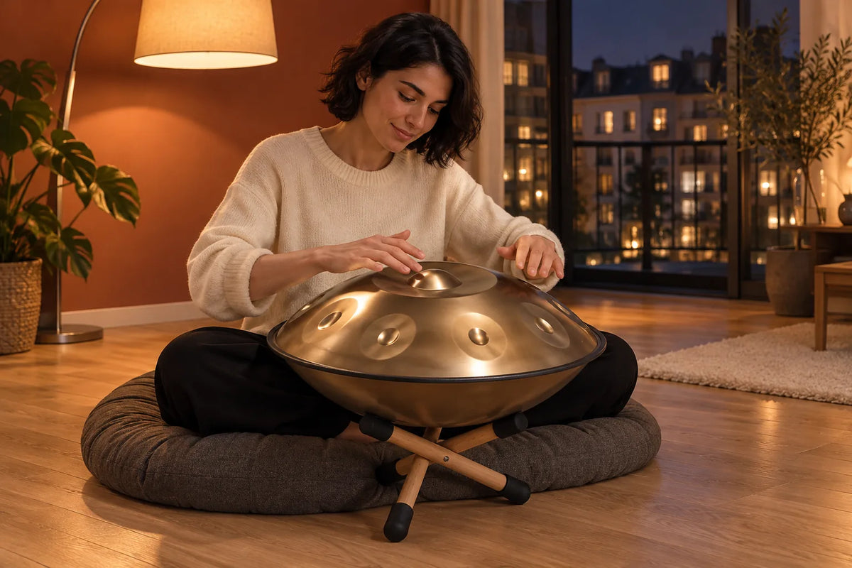 Femme assise sur un coussin de sol qui joue d'un handpan posé sur le mini support en bois