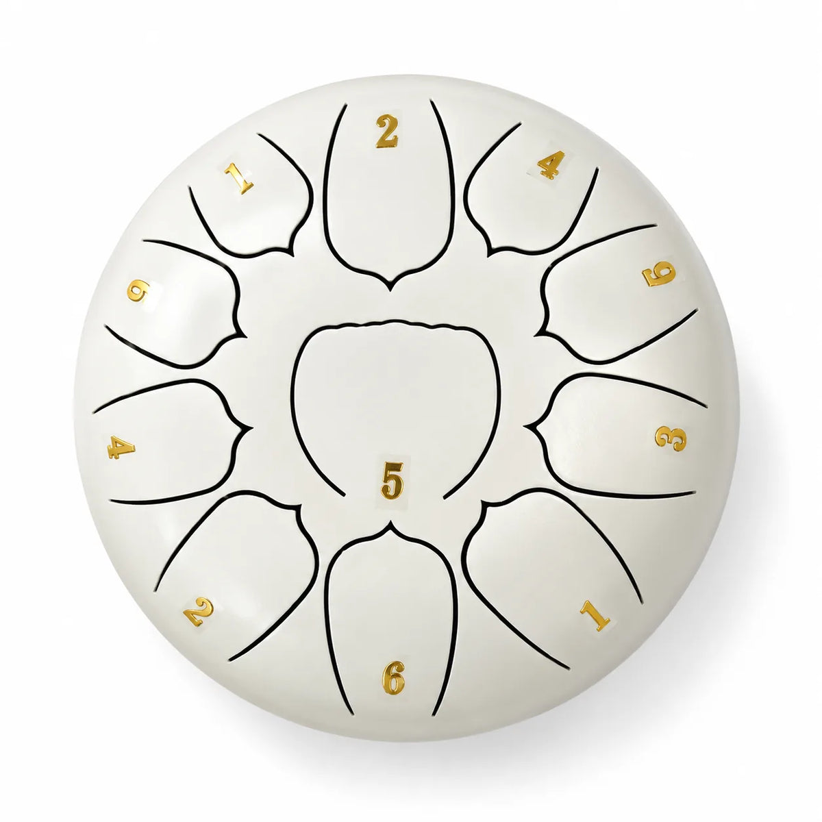 Tongue drum blanc de 10 pouces à 11 notes en Ré, en acier, avec un chiffre doré sur chaque languette
