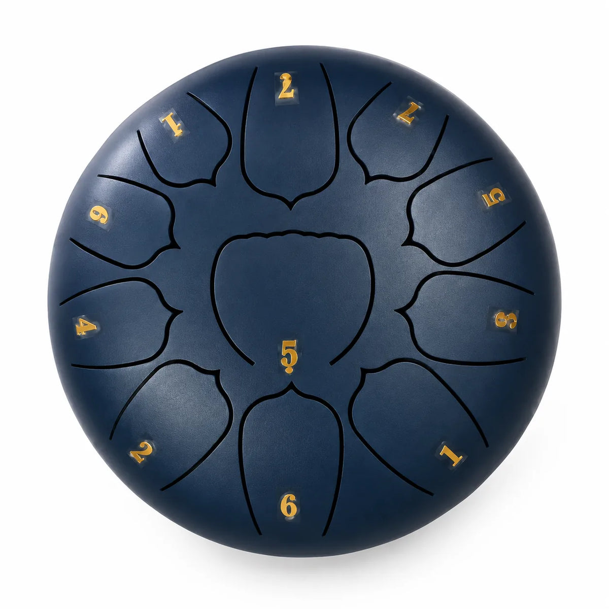 Tongue drum bleu nuit de 10 pouces à 11 notes en Ré, en acier, avec un chiffre doré sur chaque languette