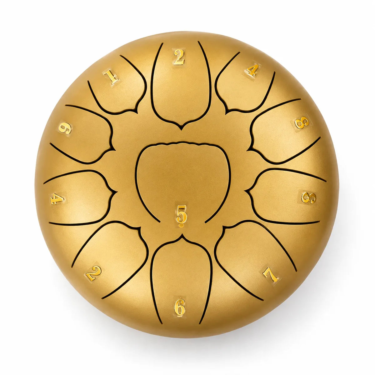 Tongue drum doré de 10 pouces à 11 notes en Ré, en acier, avec un chiffre sur chaque languette