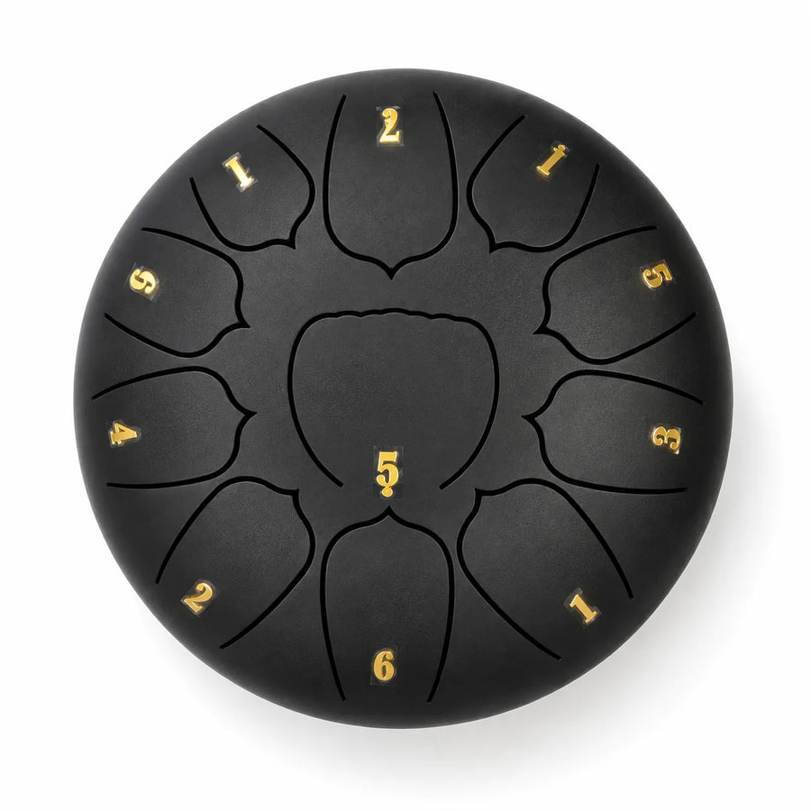 Tongue drum noir de 10 pouces à 11 notes en Ré, en acier, avec un chiffre doré sur chaque languette