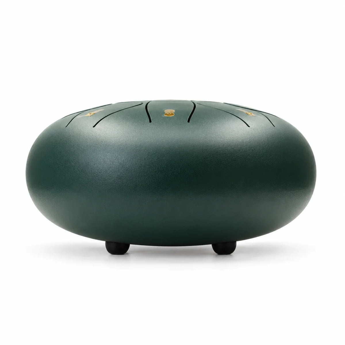 Tongue drum vert sapin de 10 pouces vu de profil, posé sur ses petits pieds