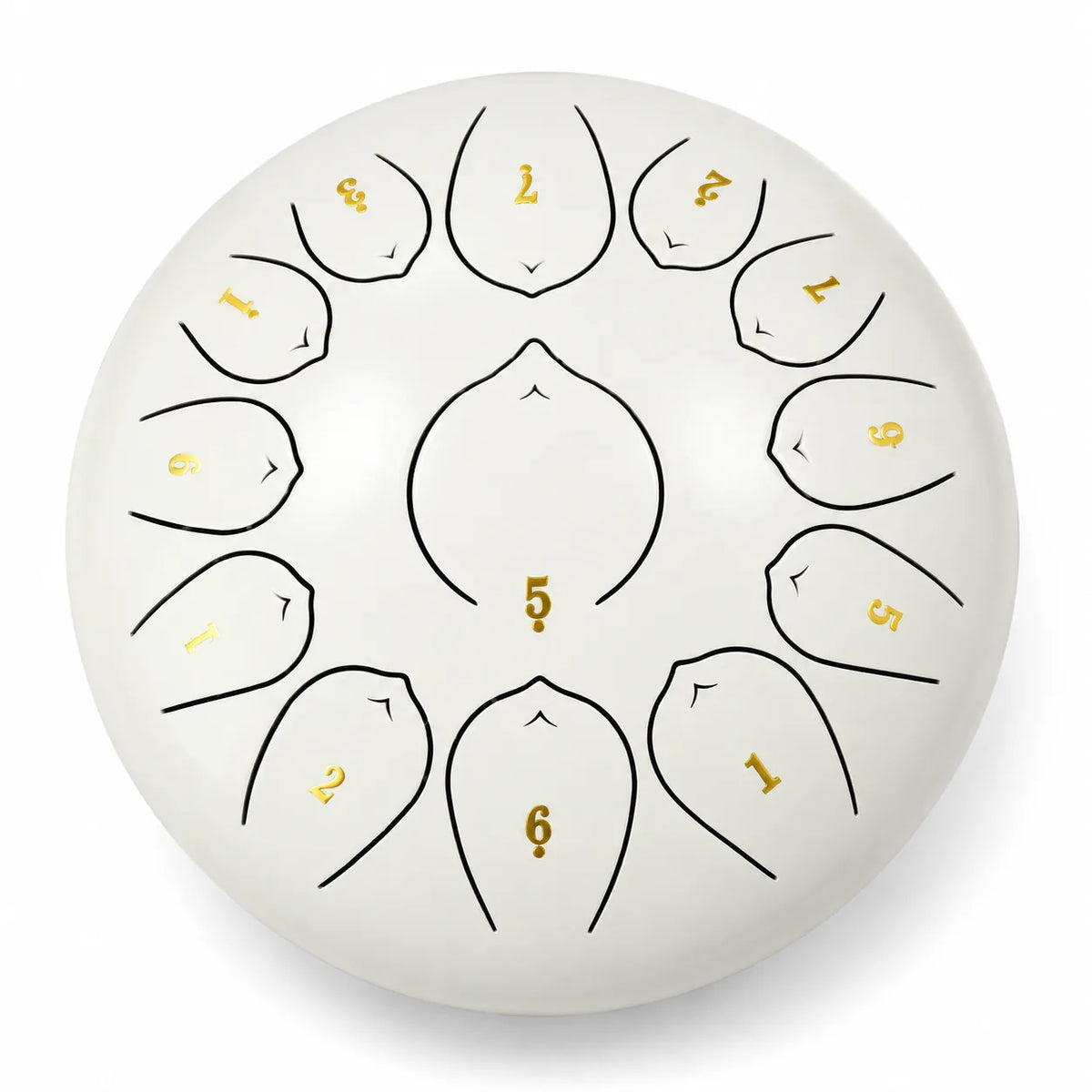 Tongue drum blanc de 12 pouces à 13 notes en Ré, en inox, avec un chiffre doré sur chaque languette