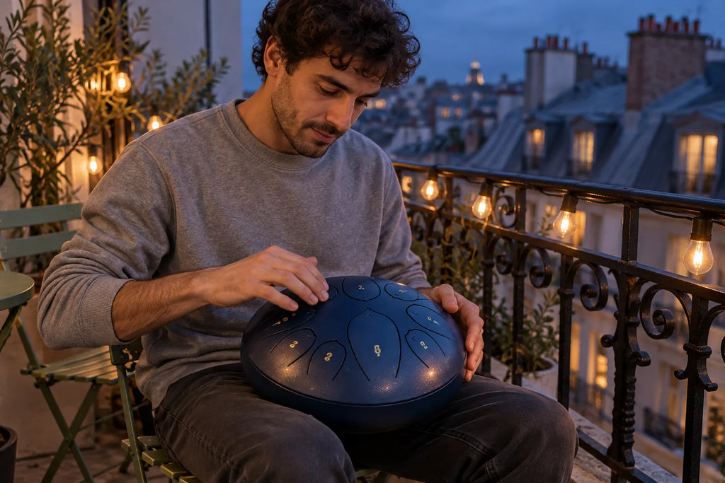 Homme qui joue du tongue drum bleu nuit du bout des doigts sur un balcon parisien, le soir