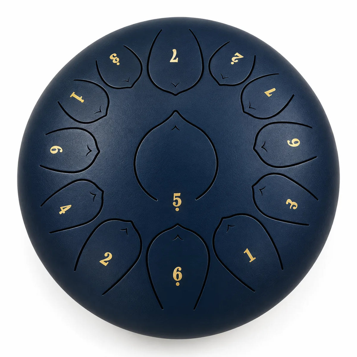 Tongue drum bleu nuit de 12 pouces à 13 notes en Ré, en inox, avec un chiffre doré sur chaque languette