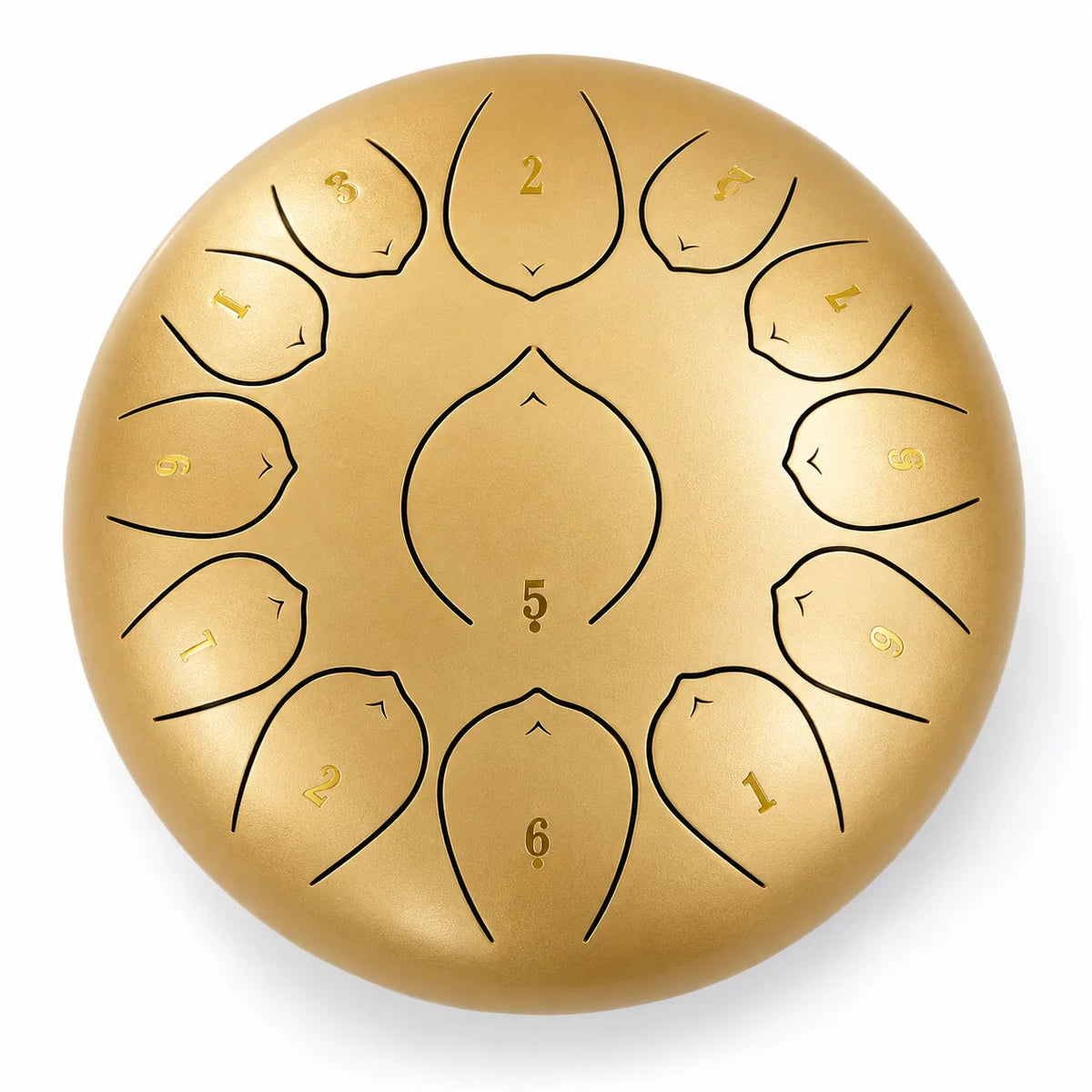 Tongue drum doré de 12 pouces à 13 notes en Ré, en inox, avec un chiffre sur chaque languette