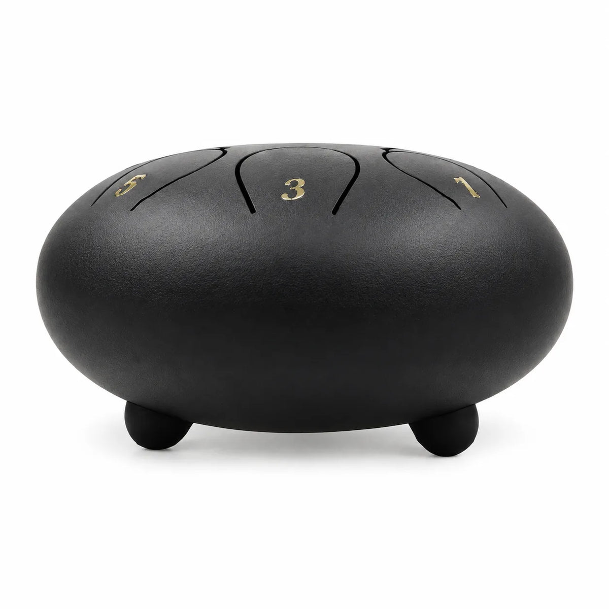 Tongue drum noir de 12 pouces vu de profil, posé sur ses petits pieds