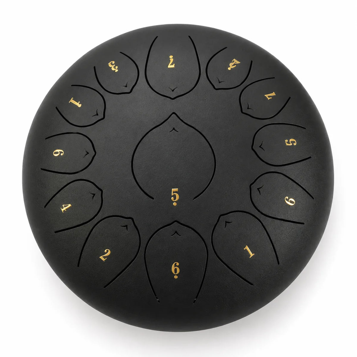 Tongue drum noir de 12 pouces à 13 notes en Ré, en inox, avec un chiffre doré sur chaque languette