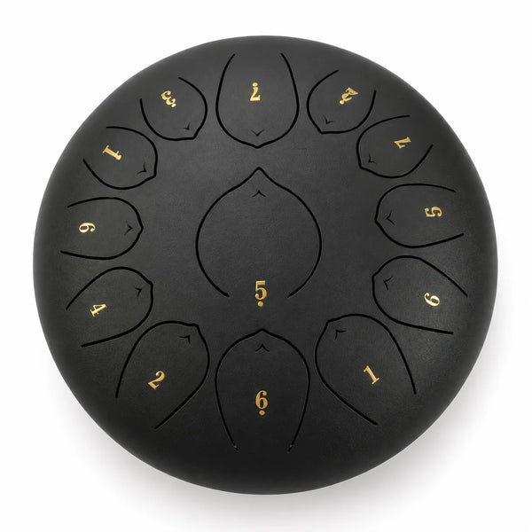 Tongue drum noir de 12 pouces à 13 notes en Ré, en inox, avec un chiffre doré sur chaque languette