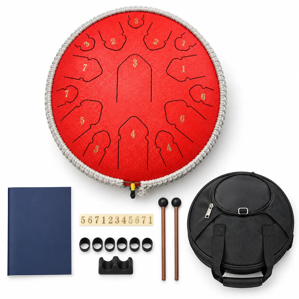Tongue drum rouge 15 notes avec sa sacoche, deux mailloches, leur support, six protège-doigts, des autocollants et un livret