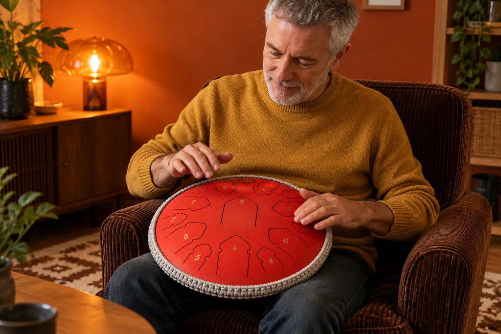 Homme qui joue du bout des doigts sur le tongue drum 15 notes rouge, assis dans un fauteuil