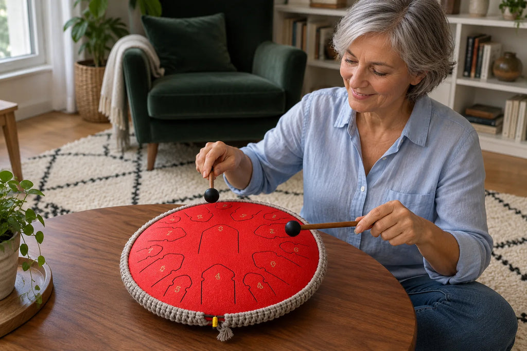 Femme qui joue du tongue drum rouge aux mailloches sur une table basse