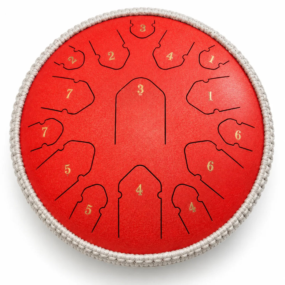 Tongue drum rouge de 14 pouces à 15 notes en Ré majeur, chiffres dorés et cordon tressé